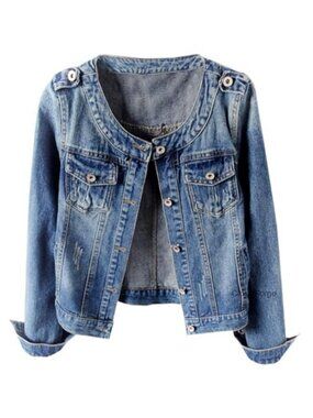 Collarless Button Down Long Sleeve Casual Western Denim Jacket Country Outfits